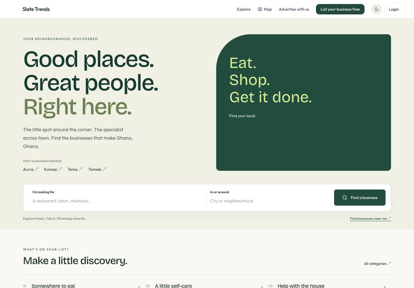 Slatetrends public homepage with business discovery and search